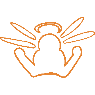 The shape of a flexing person with a halo and four rays coming from them, outlined in orange.
